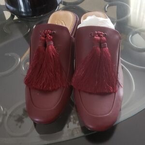 Red Tassel Mules with Classic Loafer Design